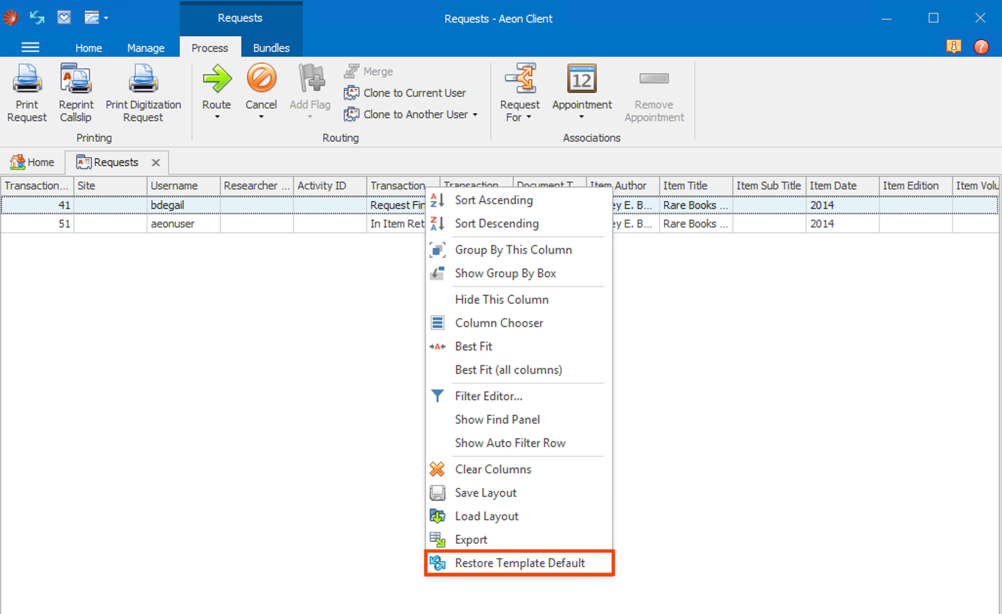 Restore Template Default option highlighted in menu